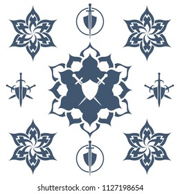 Shield and sword in flower. Blue shield and sword symbol.
