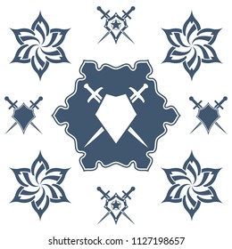 Shield and sword in flower. Blue shield and sword symbol.