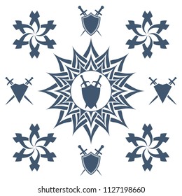 Shield and sword in flower. Blue shield and sword symbol.