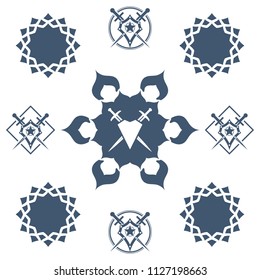 Shield and sword in flower. Blue shield and sword symbol.