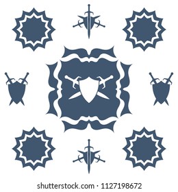 Shield and sword in flower. Blue shield and sword symbol.