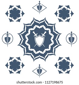 Shield and sword in flower. Blue shield and sword symbol.