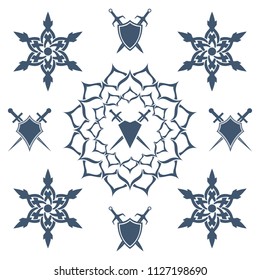 Shield and sword in flower. Blue shield and sword symbol.