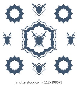 Shield and sword in flower. Blue shield and sword symbol.