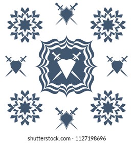 Shield and sword in flower. Blue shield and sword symbol.