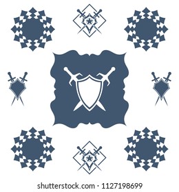 Shield and sword in flower. Blue shield and sword symbol.