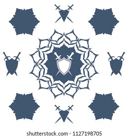 Shield and sword in flower. Blue shield and sword symbol.