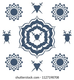 Shield and sword in flower. Blue shield and sword symbol.