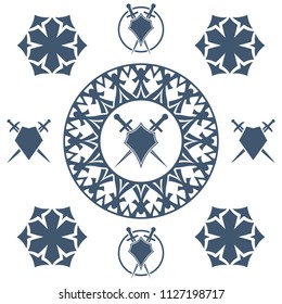 Shield and sword in flower. Blue shield and sword symbol.