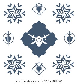 Shield and sword in flower. Blue shield and sword symbol.