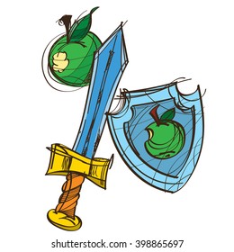 Shield, sword and a green apple. Multicolored freehand drawing, sketch.