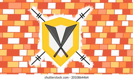 el escudo y la espada colgados en la pared de ladrillo, el artefacto medieval, el papel tapiz de arte clip, ilustración vectorial aislada en fondo blanco.