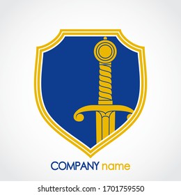 Diseño del logotipo heráldico de escudo y espada en color azul y amarillo