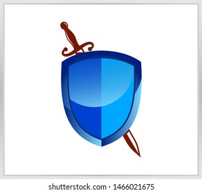 Shield with sword icon. blue shield icon. modern shield flat style on white background