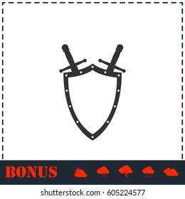 Shield and sword icon flat. Simple vector symbol and bonus icon