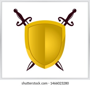 Shield with sword icon. gold shield icon. modern shield flat style on white background