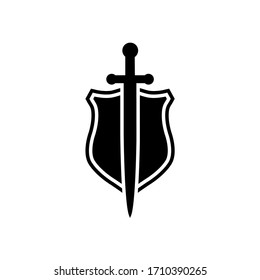 Icono de escudo y espada, logotipo aislado en fondo blanco
