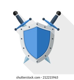 Shield and Sword icon with long shadow on white background