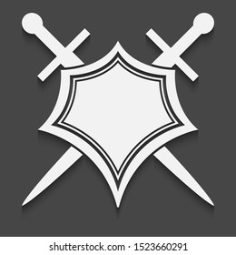 Shield and sword icon on a black background with shadow.