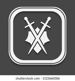 Shield and sword icon on a black background with shadow.