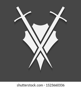 Shield and sword icon on a black background with shadow.