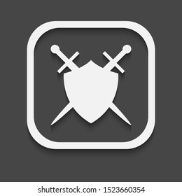 Shield and sword icon on a black background with shadow.