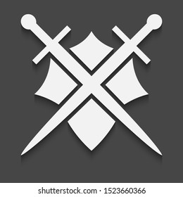 Shield and sword icon on a black background with shadow.