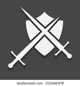 Shield and sword icon on a black background with shadow.
