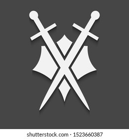 Shield and sword icon on a black background with shadow.