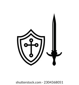 Schild und Schwert Symbol. Schutzflachbeschilderung Guard, Vektorsymbol. Piktogramm für das Rüstungssymbol. UX-UI-Symbol