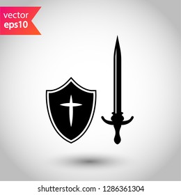Shield and sword icon. Protection sign.  Guard symbol. Eps 10 flat vector icon