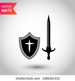 Shield and sword icon. Protection sign.  Guard symbol. Eps 10 flat vector icon