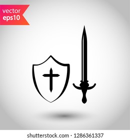 Shield and sword icon. Protection sign.  Guard symbol. Eps 10 flat vector icon