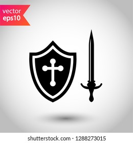 Shield and sword icon. Protection vector sign.  Guard vector icon. Eps 10 flat icon