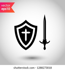 Shield and sword icon. Protection vector sign.  Guard vector icon. Eps 10 flat icon