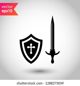 Shield and sword icon. Protection vector sign.  Guard vector icon. Eps 10 flat icon