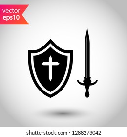 Shield and sword icon. Protection vector sign.  Guard vector icon. Eps 10 flat icon