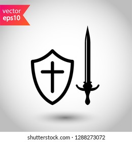 Shield and sword icon. Protection vector sign.  Guard vector icon. Eps 10 flat icon