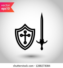 Shield and sword icon. Protection vector sign.  Guard vector icon. Eps 10 flat icon