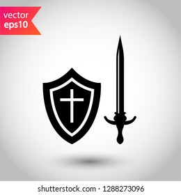 Shield and sword icon. Protection vector sign.  Guard vector icon. Eps 10 flat icon