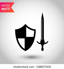 Shield and sword icon. Protection vector sign.  Guard vector icon. Eps 10 flat icon