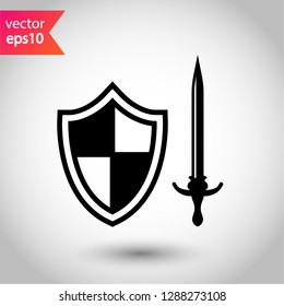Shield and sword icon. Protection vector sign.  Guard vector icon. Eps 10 flat icon