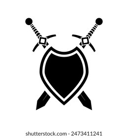 Vector de escudo y espada. Señal de la ilustración del blindaje. Símbolo de espada o logotipo.
