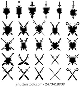 Shield and sword icon vector set. Shield illustration sign collection. Sword symbol or logo.