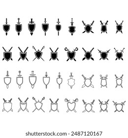 Shield and sword icon vector set. Shield illustration sign collection. Sword symbol or logo.