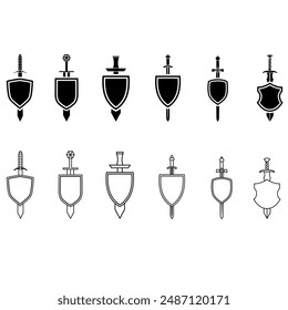 Shield and sword icon vector set. Shield illustration sign collection. Sword symbol or logo.