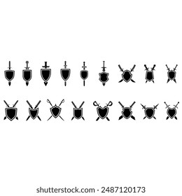 Shield and sword icon vector set. Shield illustration sign collection. Sword symbol or logo.