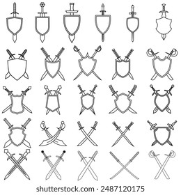 Shield and sword icon vector set. Shield illustration sign collection. Sword symbol or logo.