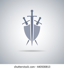 Shield and sword icon,shield and sword silhouette with shadow 