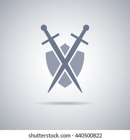 Shield and sword icon,shield and sword silhouette with shadow 